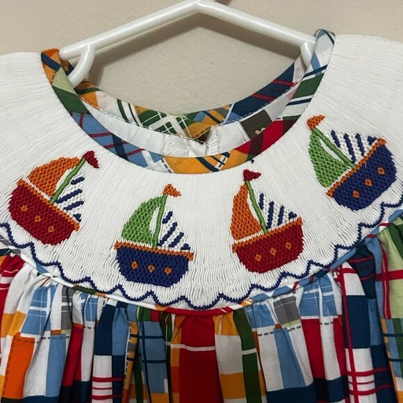 "Banana Split” Nautical Plaid Smocked Dress  size 6 - Picture 2 of 6